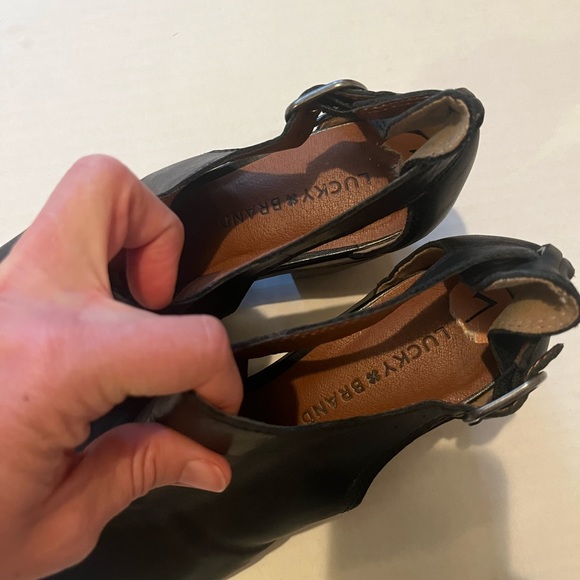 Lucky Brand peep toe booties boots black leather low heel size 37 - Picture 7 of 12
